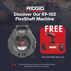 Drain Cleaner, Flexshaft, K9-102, 1.1/4''-2'', Ridgid (64268) *PROMO with FREE CORDLESS DRILL*